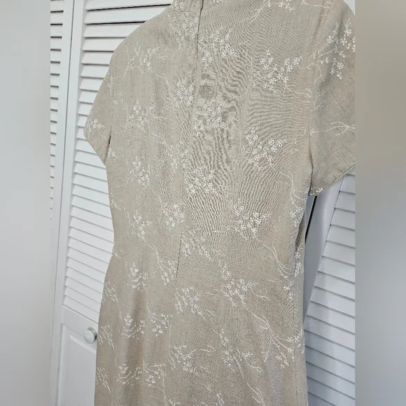 Elegant Tan Midi Dress with Floral Accents - Picture 11 of 12